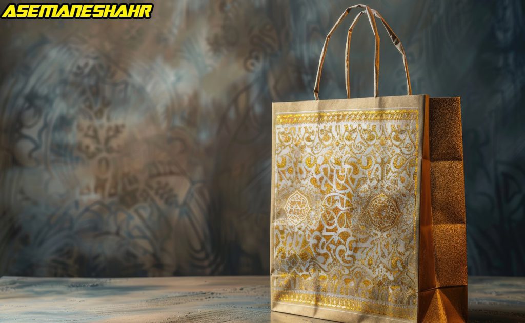 ساک دستی زیبا با طرح‌های طلایی و نقش‌های هنری اسلیمی بر روی سطح کرم رنگ، دارای دسته‌ های کاغذی و با پس‌ زمینه‌ ای هنری و سایه‌ های ملایم.