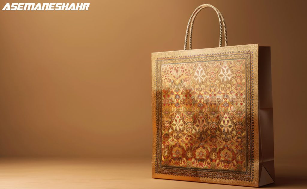 ساک دستی کاغذی با طراحی سنتی و نقش‌ و نگار طلایی ایرانی، همراه با دسته‌ های کنفی، مناسب برای هدایا و مناسبت‌های خاص.