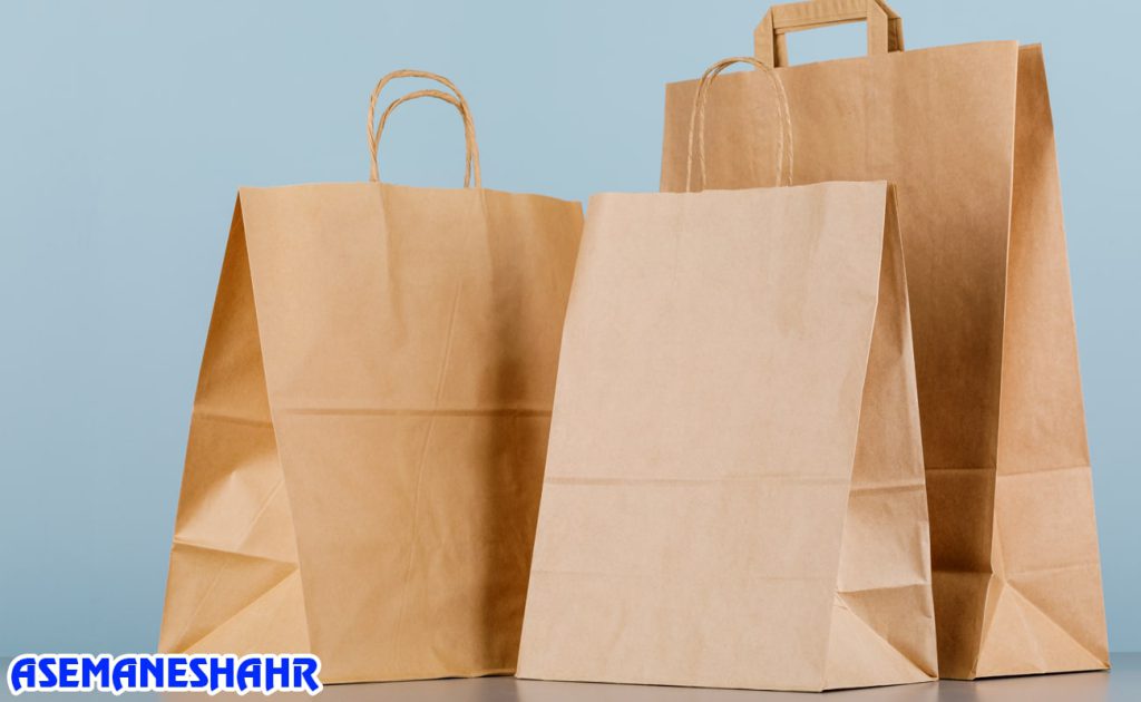 ساک‌ های دستی کاغذی کرافت در اندازه‌ های مختلف با پس‌ زمینه آبی روشن | انتخابی اقتصادی و دوست‌ دار محیط‌ زیست.