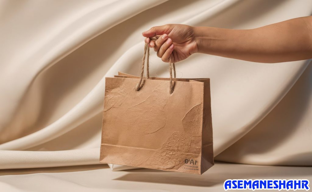 دست در حال گرفتن ساک دستی کرافت مدرن با بند کنفی | انتخابی لاکچری برای بسته‌ بندی هدیه‌ های شیک و رسمی.