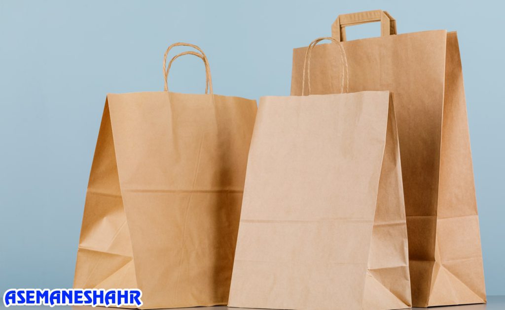 ساک کاغذی کرافت ساده در سه سایز با پس‌ زمینه آبی ملایم | مناسب خرید و هدیه.