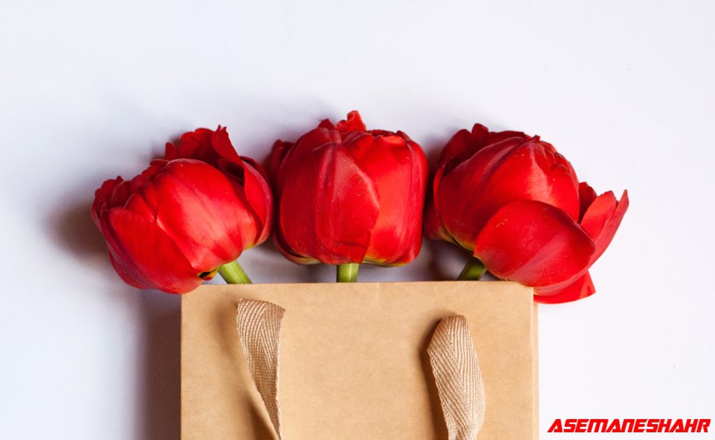 کیسه هدیه کاغذی ساده با سه گل لاله قرمز زیبا، مناسب برای هدیه دادن در مناسبت‌های ویژه.