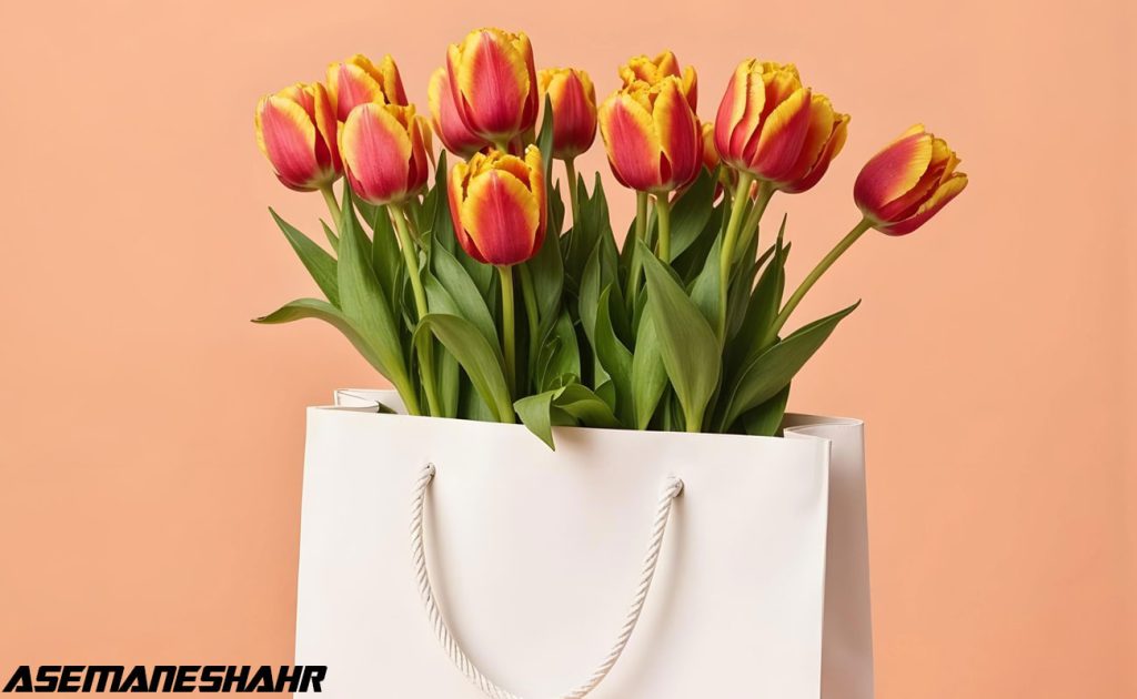 دسته‌ای گل‌های لاله زرد و قرمز زیبا درون کیسه هدیه سفید با دسته نخ‌ دار، در پس‌ زمینه‌ ای با رنگ هلویی.