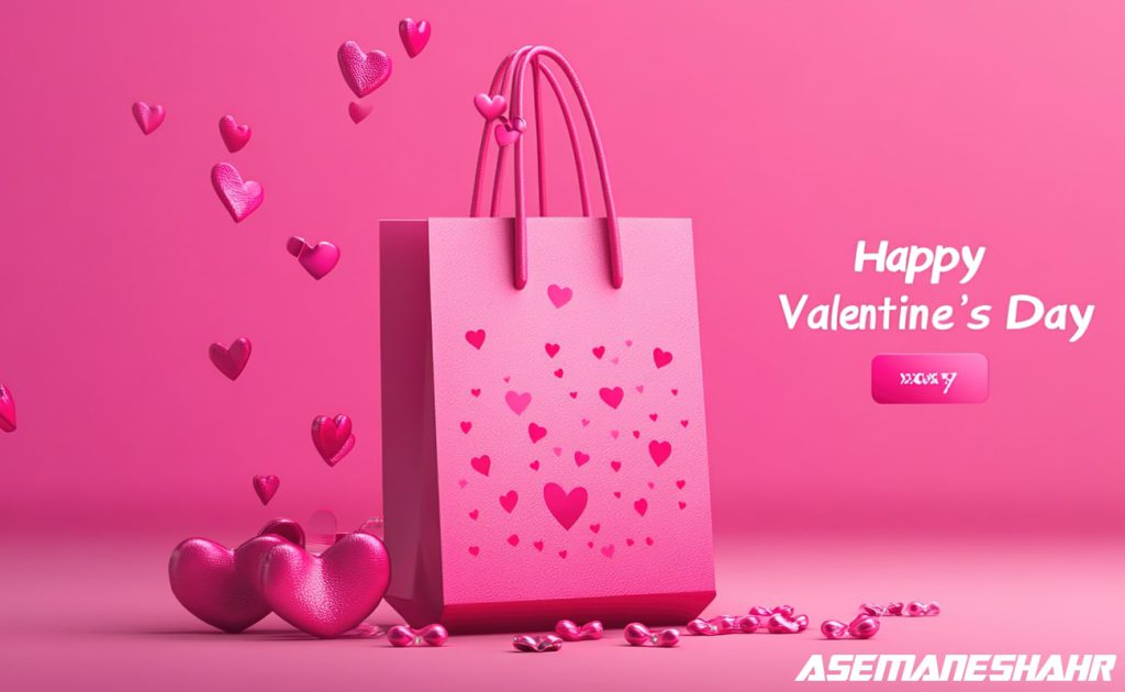 کیسه هدیه صورتی با طراحی قلب‌ های کوچک و بزرگ، همراه با متن ‘Happy Valentine’s Day’ بر روی پس‌ زمینه‌ ای کاملاً صورتی.