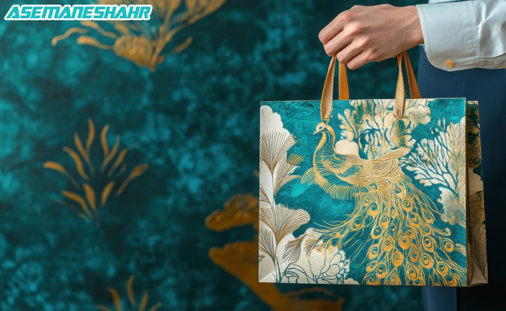پاکت هدیه با طرح طاووس طلایی و نقش‌های زیبا از گل‌ها و برگ‌های طلایی بر روی زمینه‌ای آبی فیروزه‌ ای، دارای دسته‌ های طلایی و در دست مردی با پیراهن سفید، مناسب برای هدیه‌ های خاص و لوکس.