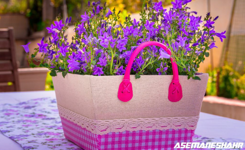 سبد گل های بنفش با دسته صورتی و طرح چهارخانه زیبا.