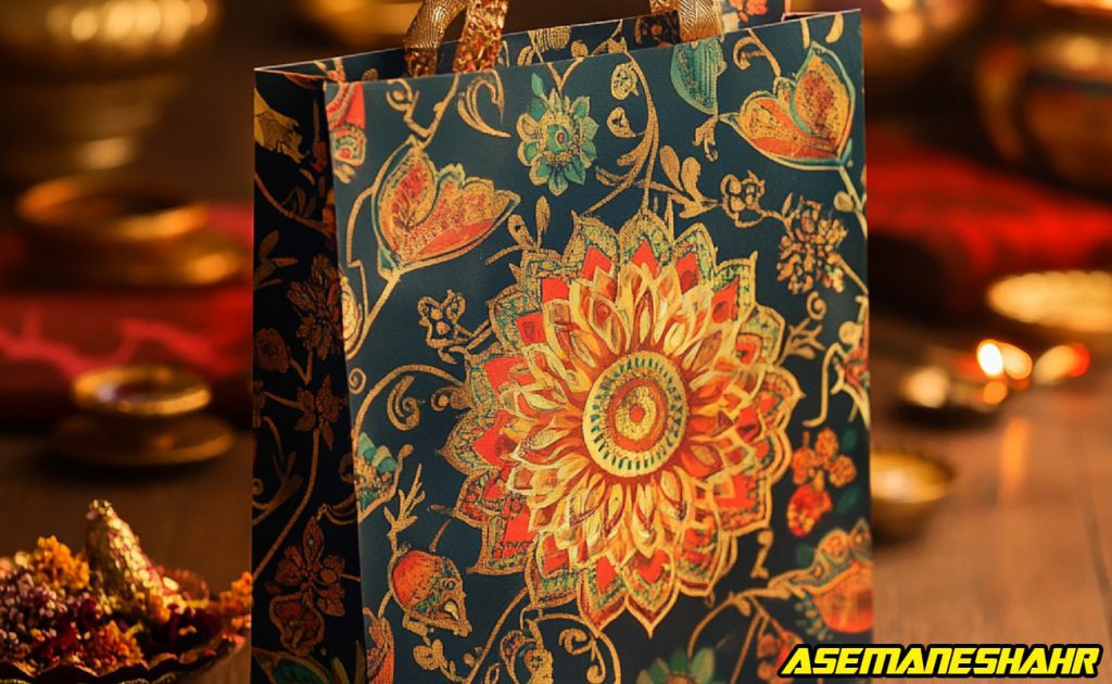 ساک دستی هدیه با طرح گل‌دار اسلیمی چشم‌نواز و رنگ‌های گرم طلایی و قرمز روی زمینه تیره، همراه با جزئیات تزئینی، مناسب برای بسته‌ بندی هدیه‌ های سنتی، فرهنگی و لوکس در جشن‌ها و مناسبت‌های خاص.