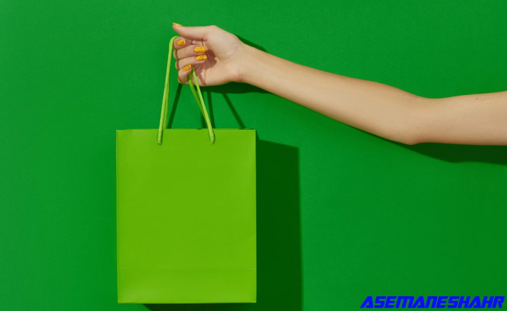 کیسه کاغذی سبز با دسته طنابی؛ مناسب هدیه های خاص.