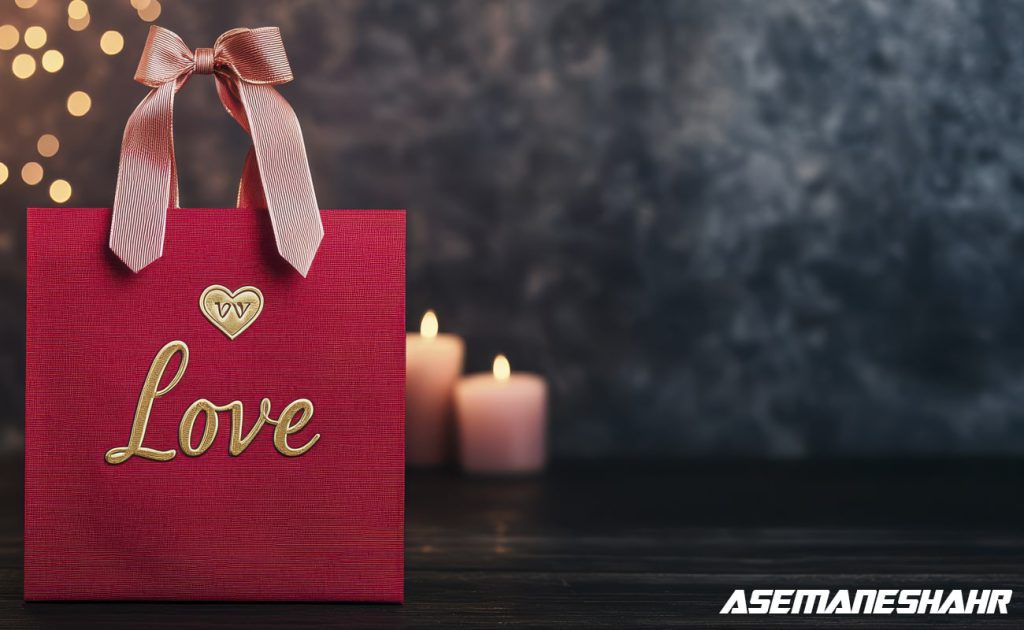 ساک دستی کاغذی قرمز با طراحی لوکس و نوشته طلایی ‘Love’ همراه با روبان صورتی و قلب طلایی، در پس‌ زمینه‌ ای تاریک با شمع‌ های روشن و نورهای ملایم، مناسب برای هدایا عاشقانه.