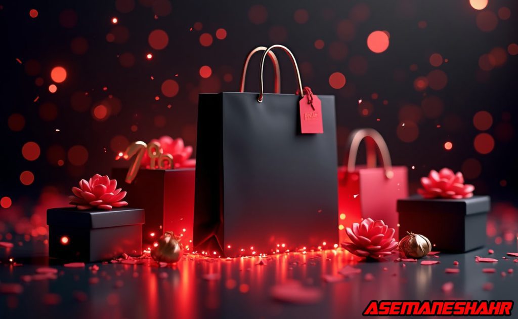 بگ کاغذی مشکی و قرمز با گلهای تزئینی و نورهای جذاب.