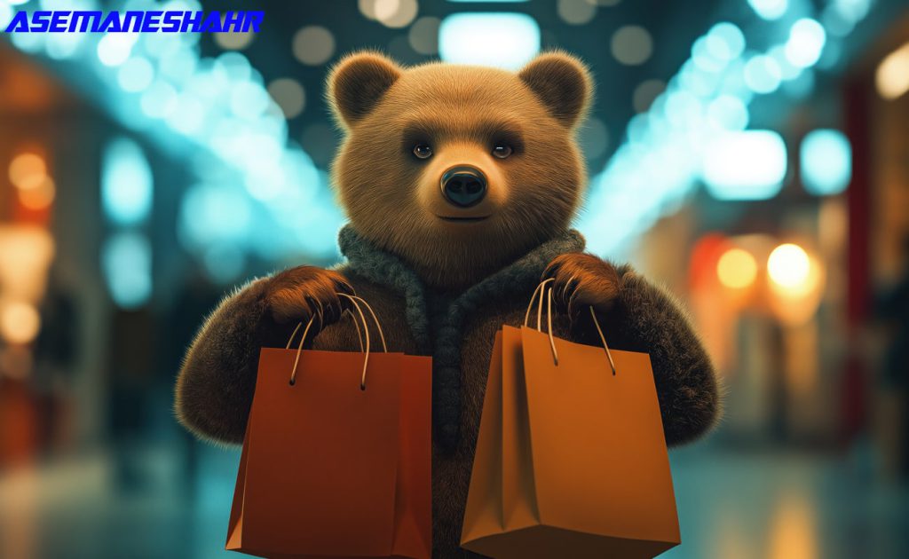 خرس قهوه ای با ساک های خرید در محیط شهری مدرن.