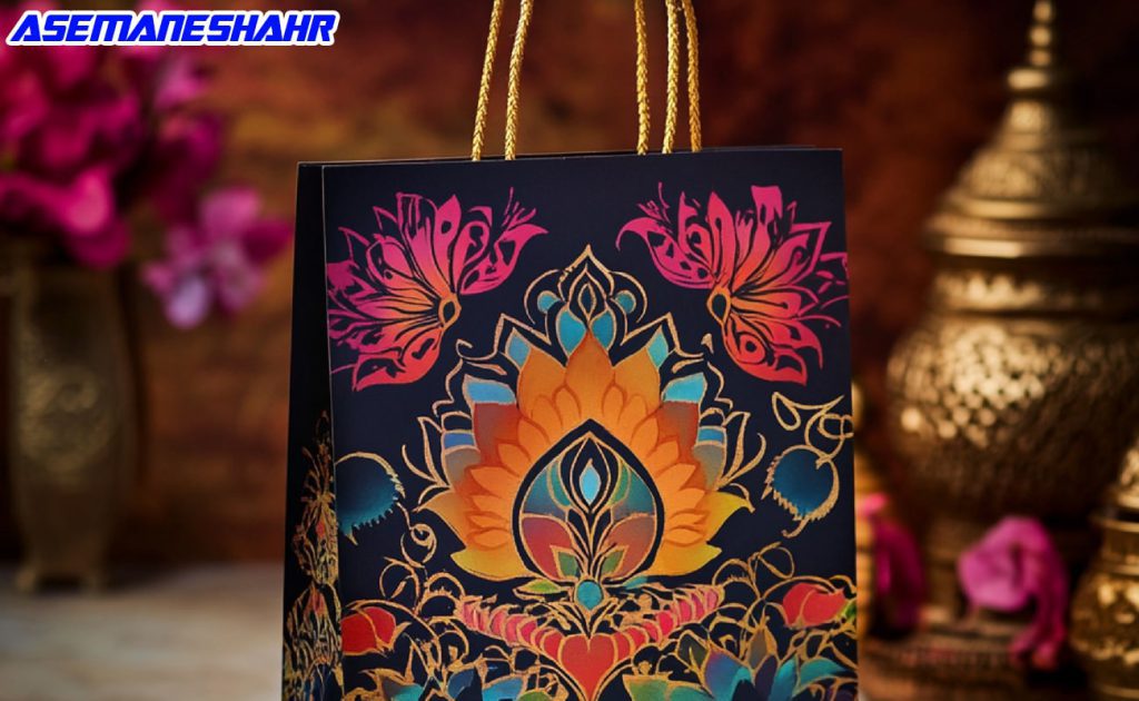 ساک دستی کاغذی با طرح‌ های هنری و اسلیمی رنگارنگ شامل گل‌ها و پروانه‌ های زینتی در رنگ‌های گرم، با دسته‌ های طلایی، قرار گرفته در پس‌ زمینه‌ ای با اشیاء تزئینی سنتی و گل‌های صورتی.