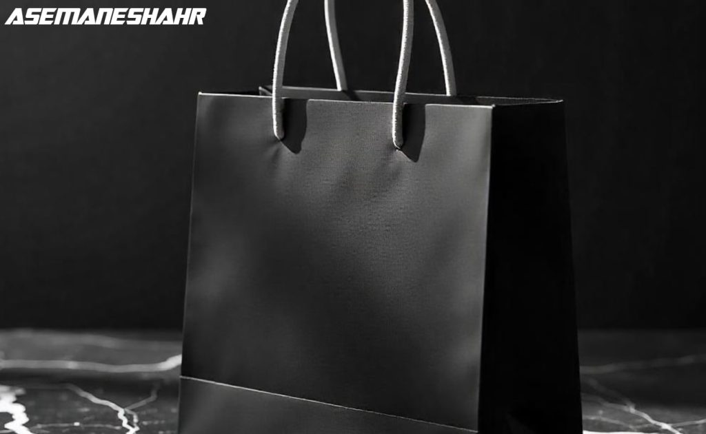 بگ کاغذی مشکی براق، دسته های طنابی سفید، شیک و مدرن.