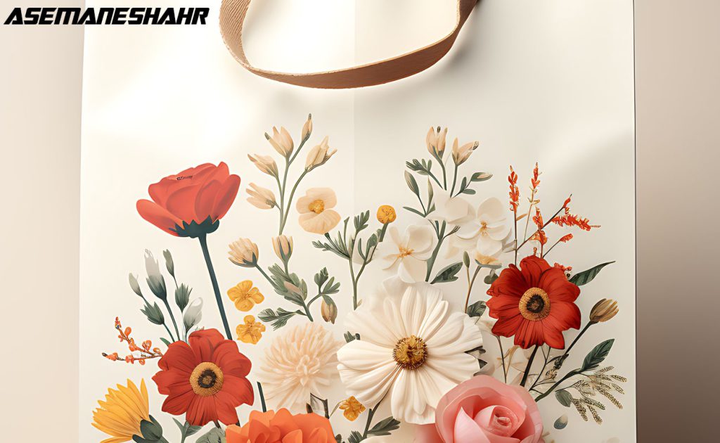 کیسه هدیه با طراحی گل‌های زیبا و رنگارنگ شامل گل رز، گل‌های وحشی و شکوفه‌ های سفید، بر روی پس‌ زمینه‌ ای لطیف و خنثی.