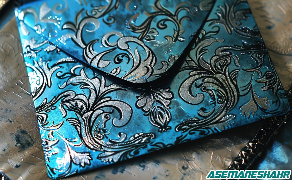 ساک دستی کاغذی آبی با طرح‌های گلدار نقره‌ای و مشکی، مناسب برای بسته‌ بندی شیک و لوکس هدایا.