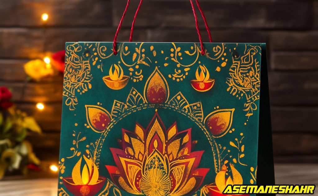 ساک دستی هدیه با طرح اسلیمی و گل نیلوفر طلایی در مرکز، همراه با نقش‌های سنتی و چراغ های دیوالی روی زمینه سبز تیره، مناسب برای بسته‌ بندی هدیه‌ های فرهنگی و خاص در جشن‌ها و مناسبت‌ها.