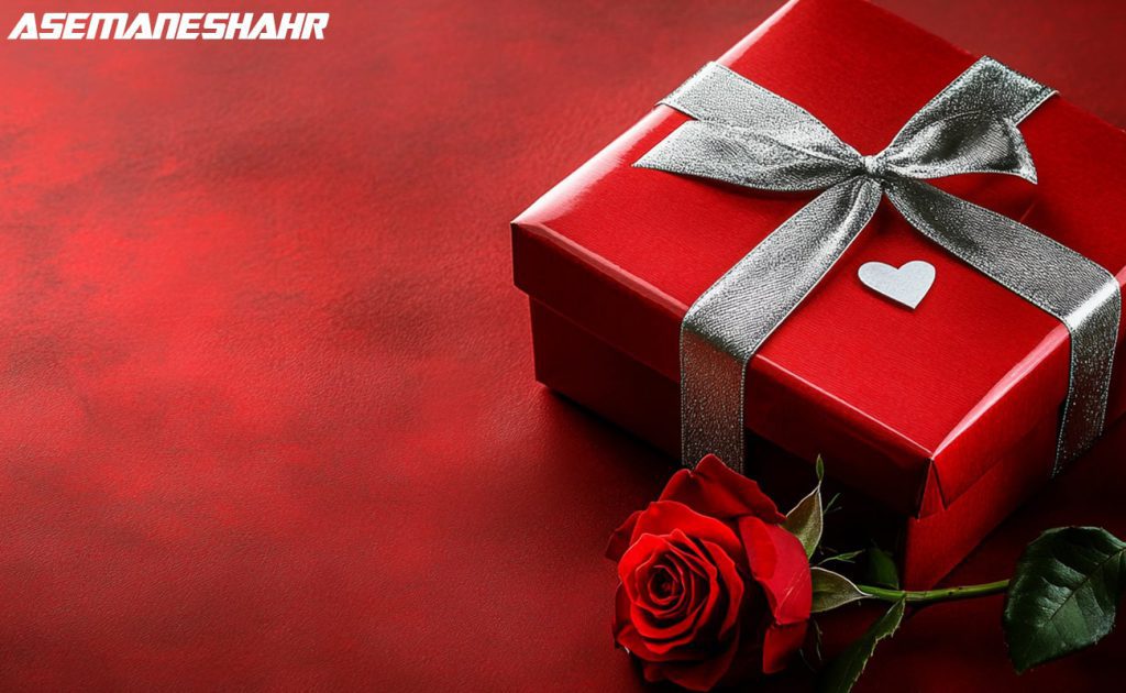 جعبه هدیه قرمز با روبان نقره ای و گل رز.