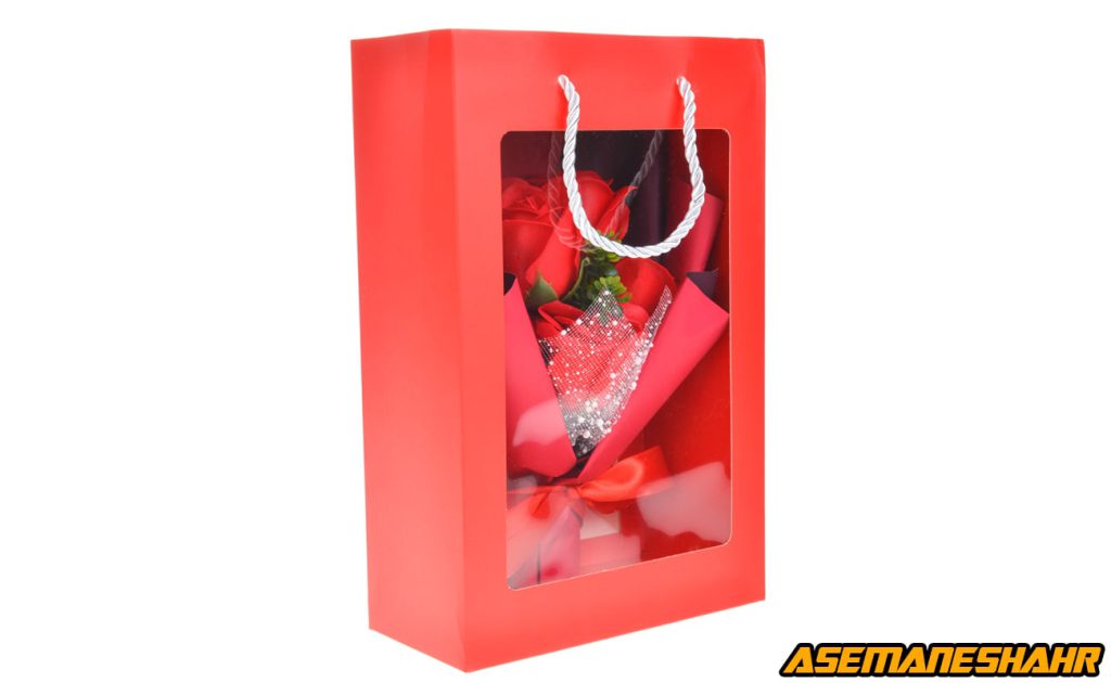 ساک دستی قرمز با پنجره شفاف و دسته طنابی سفید | مناسب برای هدیه‌ های گل و بسته‌ بندی شیک و خاص.
