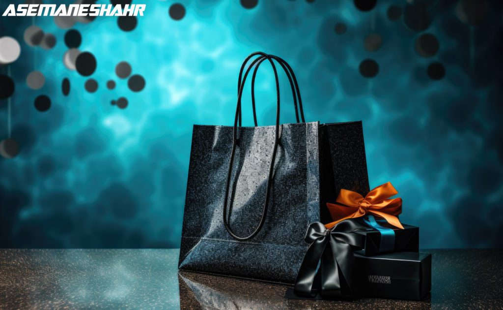 ساک دستی کاغذی مشکی براق همراه با جعبه های هدیه لوکس.