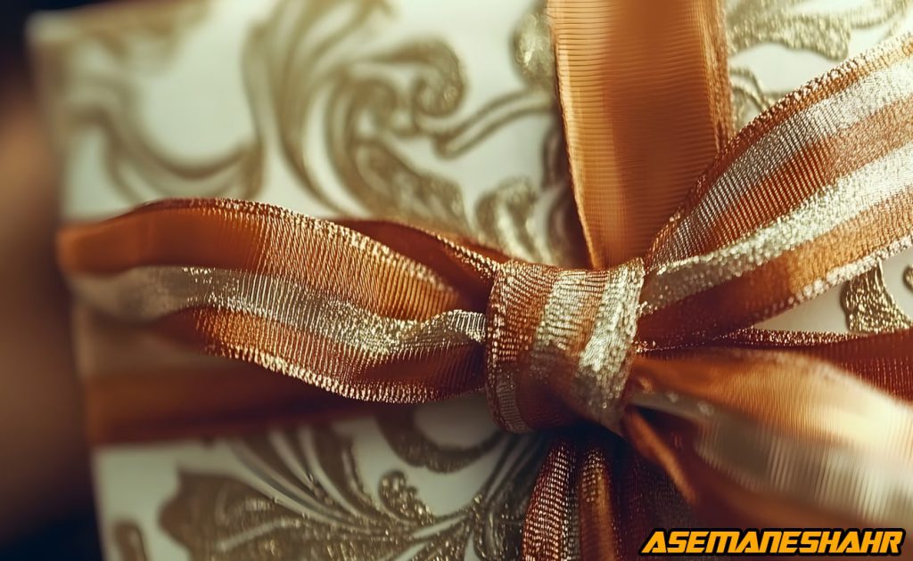 بسته بندی هدیه لوکس با روبان طلایی براق و گلدار | مناسب برای مناسبتهای خاص و هدیه های ویژه با طراحی شیک و منحصربهفرد.