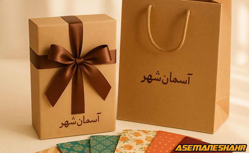 جعبه کادو و پاکت هدیه کرافت با لوگوی آسمان شهر و روبان قهوه ای | به همراه کاغذهای بسته بندی رنگی | انتخابی شیک برای هدیه