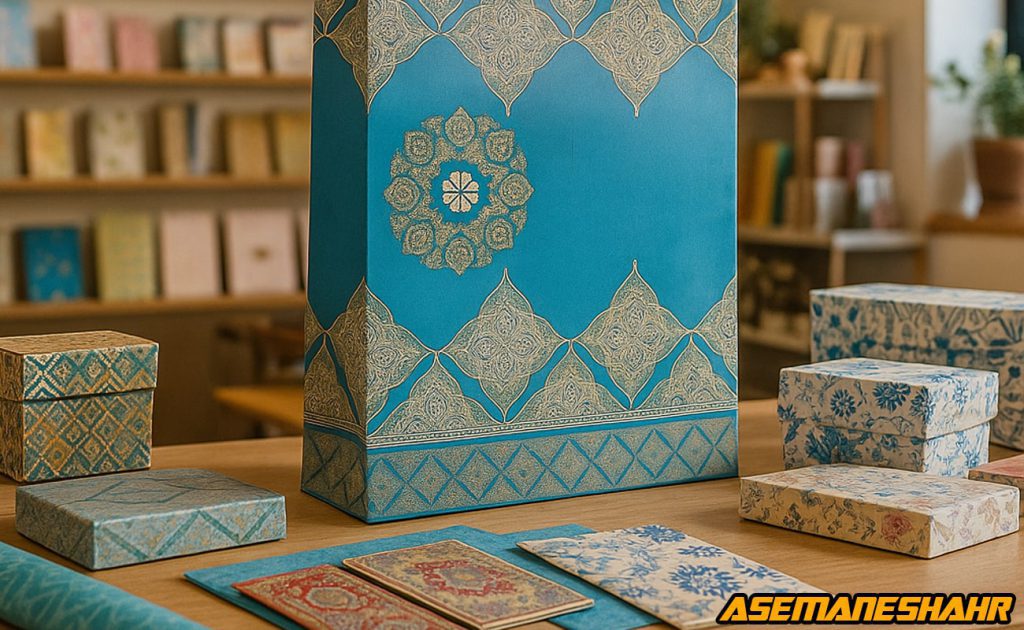 پاکت هدیه کاغذی آبی با نقش و نگار سنتی طلایی، کنار جعبه های کادویی و دفترچه های زیبا روی میز فروشگاه | مناسب بسته بندی خاص.