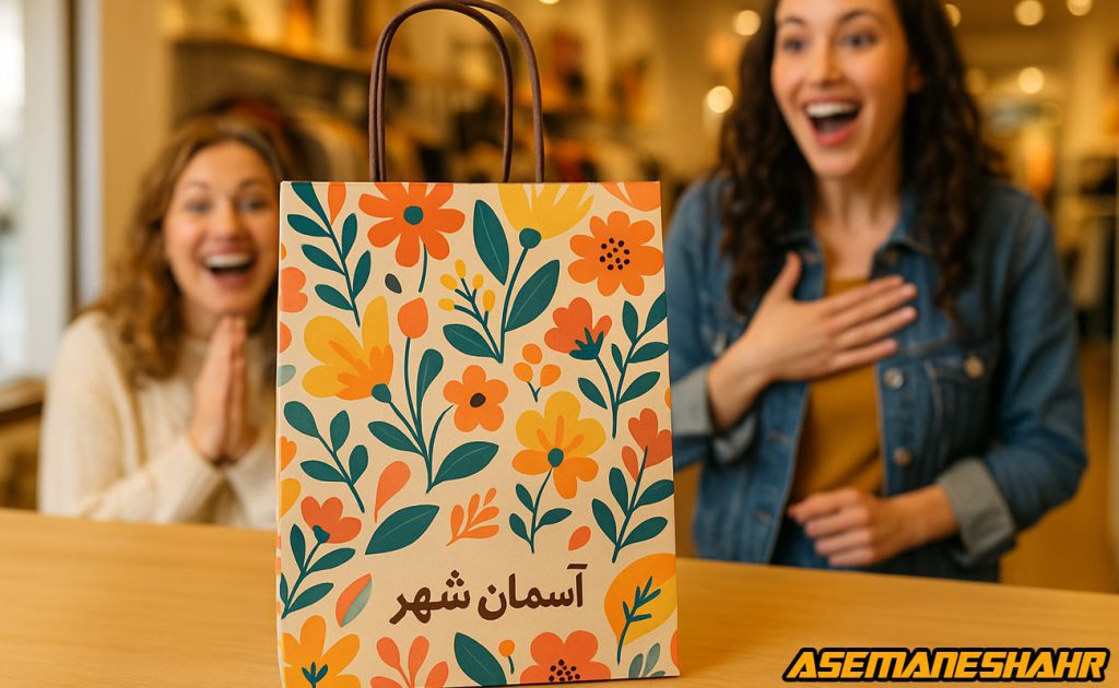 پاکت هدیه با طراحی گلهای بهاری و لوگوی آسمان شهر | انتخابی شاد و متفاوت برای بسته بندی هدیه و خرید خاص در فروشگاه های مدرن.