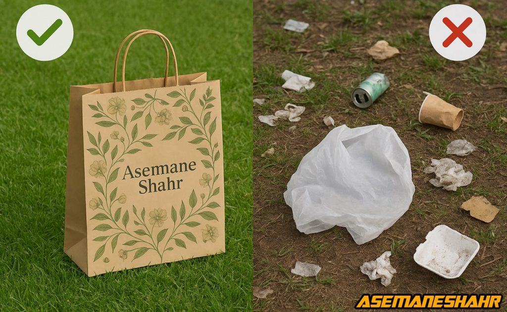 مقایسه تاثیر ساک دستی کاغذی با طراحی گیاهی روی چمن، در مقابل آلودگی پلاستیکی و زباله در محیط زیست | انتخاب سبز برای حفظ طبیعت.