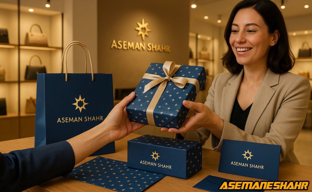 تحویل یک جعبه کادوی شیک با بسته بندی آبی و طلایی به مشتری در فروشگاه تخصصی پاکت و کادو | انتخابی لاکچری برای بسته بندی لوکس.