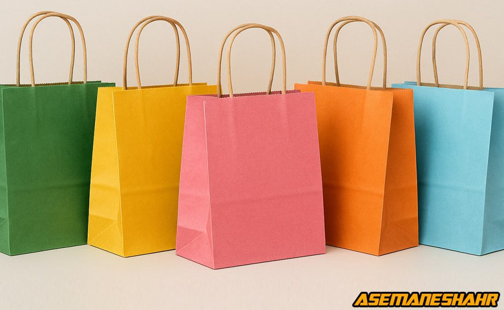 پاکت هدیه کاغذی ساده و رنگارنگ با دسته طنابی، مناسب بسته بندی و تبلیغات فروشگاهی برند آسمان شهر.