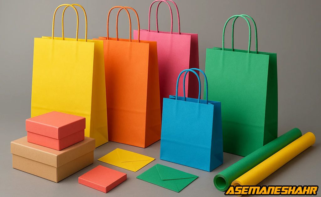 بگ شاپ تبلیغاتی رنگی آسمان شهر همراه با جعبه های کادویی و کاغذ کادو، مناسب بسته بندی و برندسازی فروشگاهی.