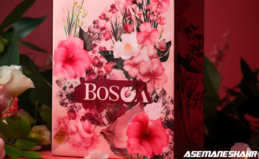 ساک دستی کاغذی با طرح گل‌های صورتی و سفید، همراه با نام ‘BOSCA’ و برگ‌های سبز، مناسب برای هدیه‌ های زنانه و رمانتیک.