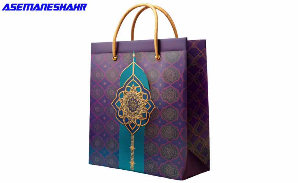 ساک هدیه بنفش با طرح سنتی طلایی و دسته طنابی | مناسب بسته‌ بندی لوکس و خاص هدایا