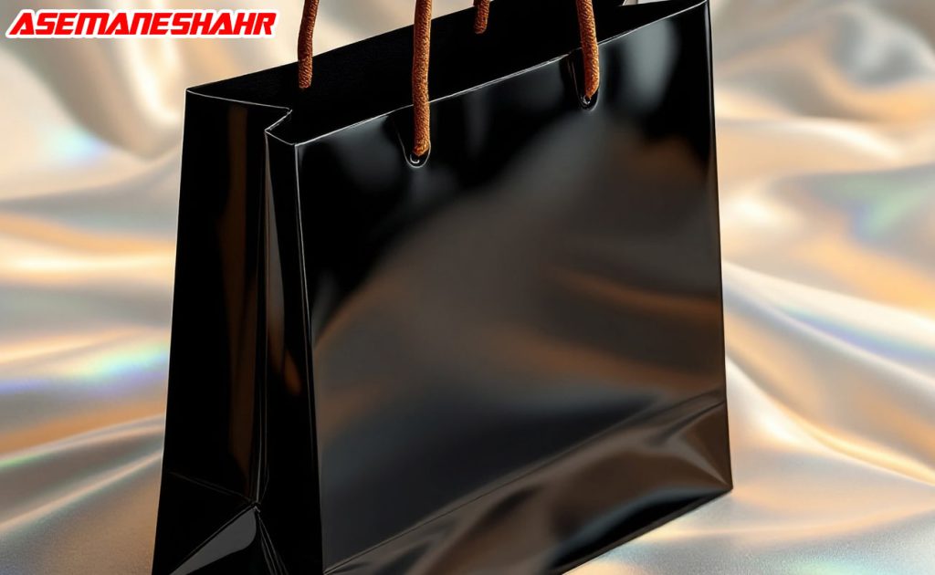 بگ مشکی شیک با دسته کنفی روی پارچه براق.