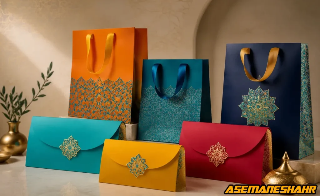 ست ساک هدیه و پاکت پول لوکس آسمان شهر با طرح اسلیمی طلایی در رنگ‌ های نارنجی، فیروزه‌ ای، سرمه‌ای و عنابی مناسب بسته‌ بندی هدیه‌ های خاص.