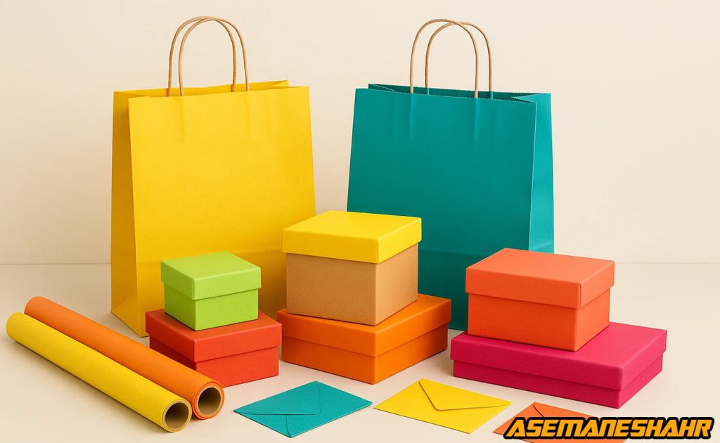 ساک دستی آماده آسمان شهر به همراه جعبه و پاکت رنگی هدیه، ایده آل برای خرید اینترنتی و بسته بندی شیک محصولات.