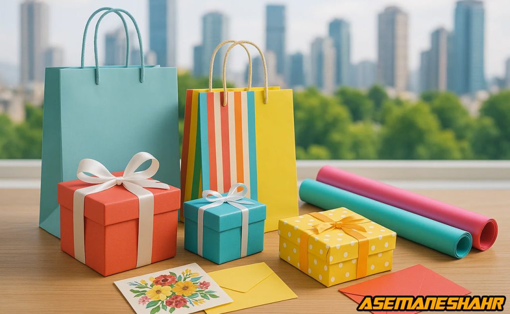 ساک دستی کاغذی آسمان شهر به رنگ آبی و راه راه همراه با جعبه های کادو روبان دار و کاغذ کادو رنگی، مناسب بسته بندی لوکس.