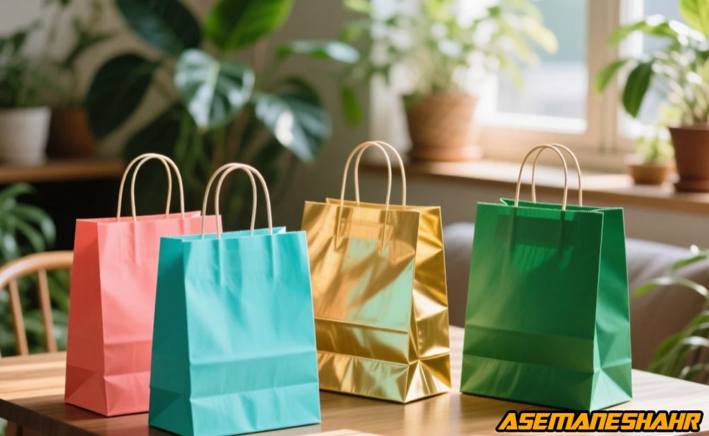 ساک دستی لوکس آسمان شهر در رنگ‌ های مرجانی، فیروزه‌ ای، طلایی و سبز زمردی روی میز چوبی با دکور گیاهان طبیعی.