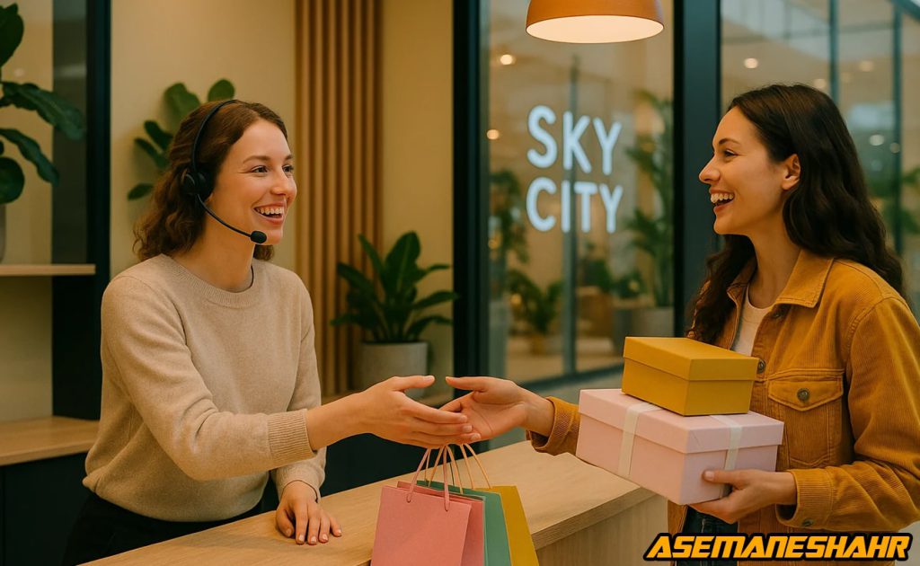 پشتیبانی مشتری آسمان شهر در فروشگاه مدرن Sky City همراه با تحویل ساک دستی صورتی و جعبه هدیه طلایی و بنفش به مشتری.
