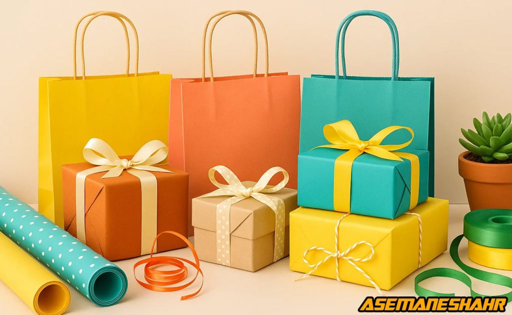 ساک دستی کاغذی رنگی آسمان شهر همراه با جعبه های هدیه روبان دار و کاغذ کادو خلاقانه، مناسب بسته بندی شیک و ایدههای خاص.