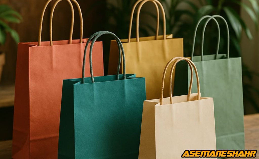 ساک‌ های دستی آماده آسمان شهر در رنگ‌ های سبز تیره، خردلی، کرمی و آجری روی میز چوبی با پس‌ زمینه گیاهان طبیعی.