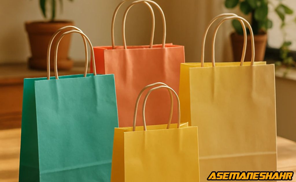 ساک‌ های دستی رنگی آسمان شهر در رنگ‌ های فیروزه‌ ای، زرد کرمی و مرجانی روی میز چوبی با نور گرم طبیعی و گیاهان پس‌ زمینه.