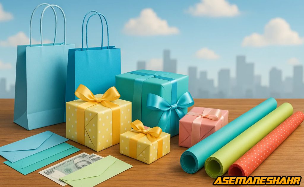 ساک دستی کاغذی آسمان شهر به رنگ آبی آسمانی همراه با جعبه های هدیه روبان دار و کاغذ کادو گلاسه رنگی، شیک و پاکت های پول.