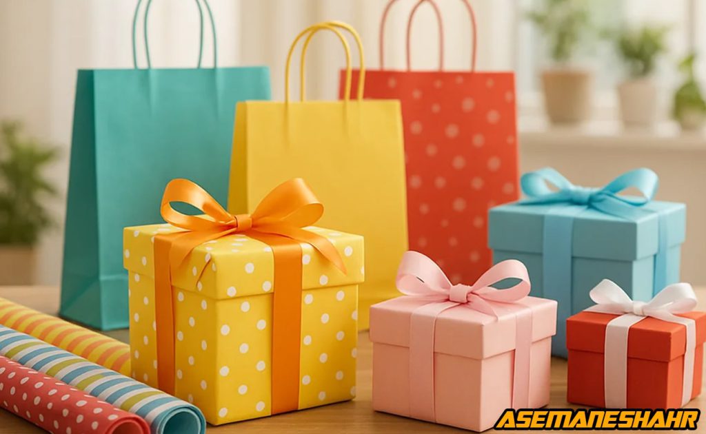 جعبه های کادویی رنگی روبان دار و ساک دستی کاغذی آسمان شهر با کاغذ کادو طرح دار، مناسب ایدههای خلاقانه برای هدیه دادن.