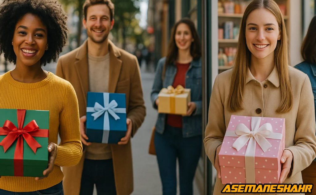 جعبه های هدیه رنگی روبان دار آسمان شهر در دست مشتریان در خیابان، شامل طرح های سبز، آبی، صورتی خال خالی و طلایی شیک.