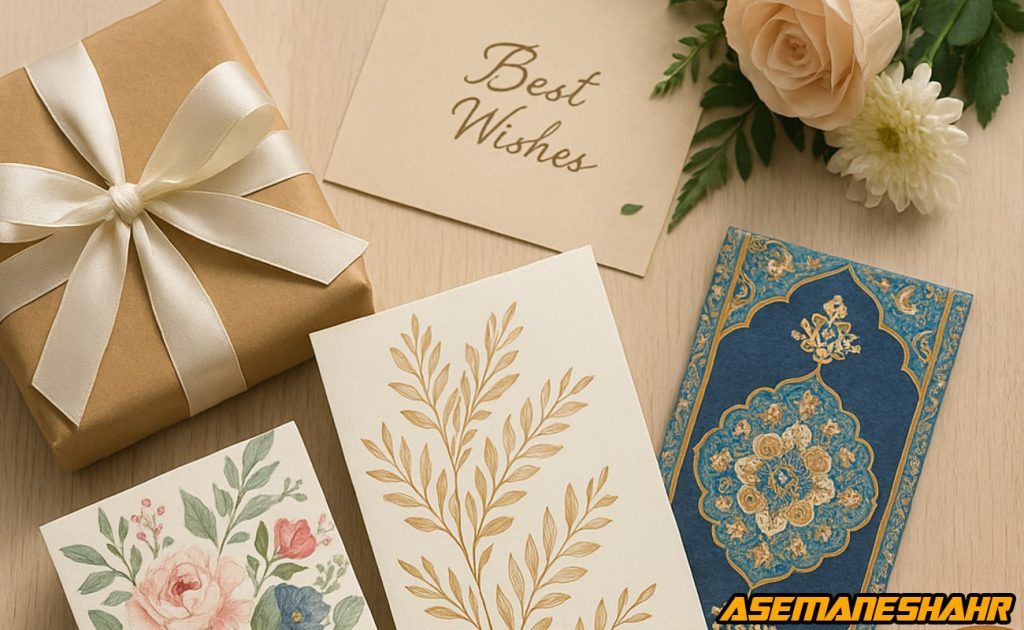 ست خلاقانه کارت تبریک و پاکت پول با طرح های گل و نقش ایرانی، جعبه کادویی با روبان سفید، گلهای طبیعی روی میز چوبی.