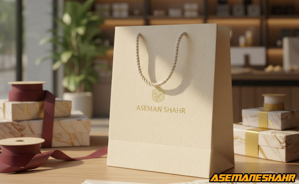 ساک دستی لوکس کرم رنگ با طرح برجسته و دسته طنابی، کنار جعبه های کادویی مرمری و روبان ساتن، طراحی اختصاصی آسمان شهر.