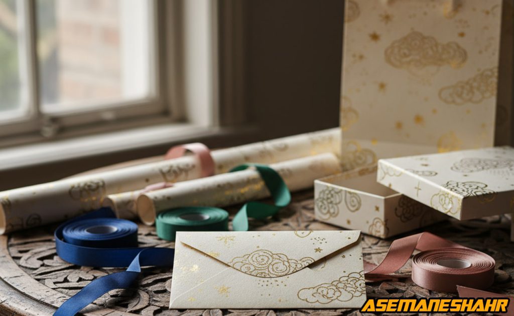 ساک دستی لوکس آسمان شهر با طرح ابر و ستاره طلایی، همراه جعبه کادو و کاغذ کادو هماهنگ، روبان های رنگی برای بسته بندی خاص.