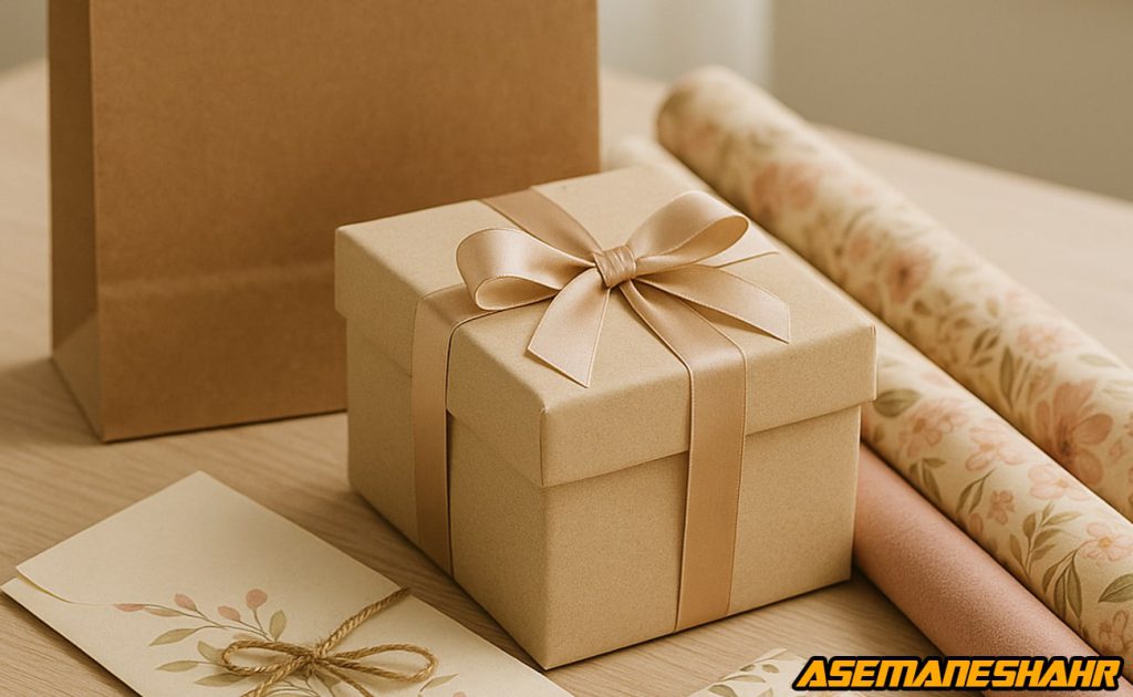 راهنمای کامل بسته بندی هدیه | جعبه کادویی کرم با روبان ساتن طلایی، پاکت هدیه نقاشی گلدار، رول کاغذ کادو روی میز چوبی.