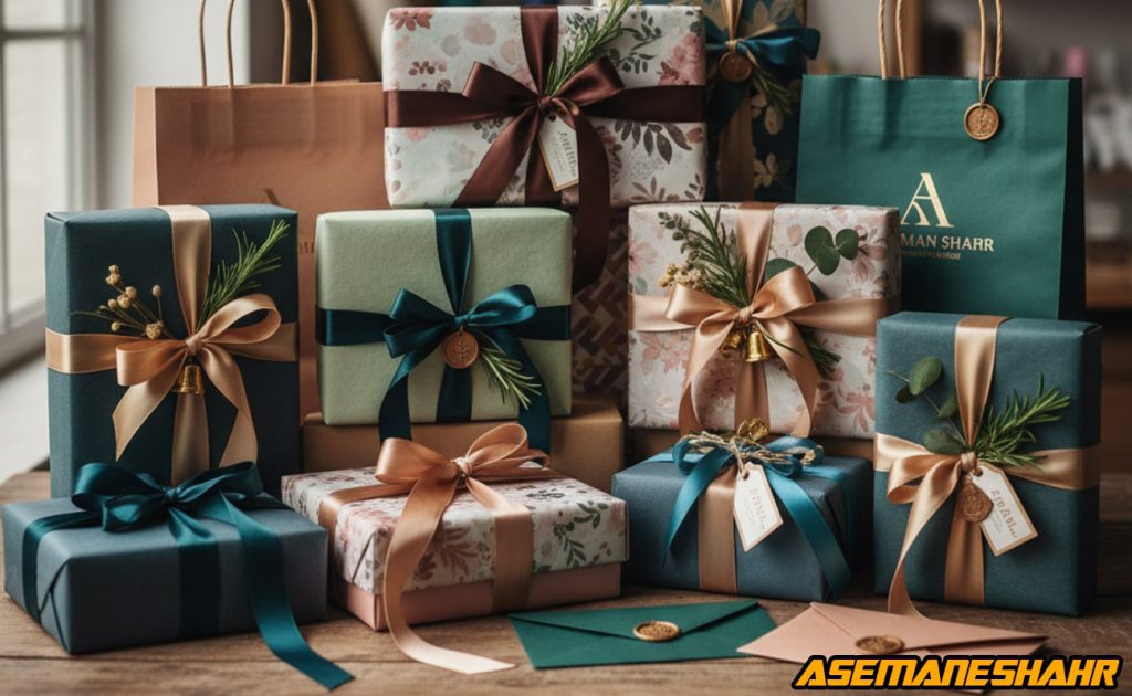 بسته بندی حرفه ای هدایا با جعبه های کادویی رنگی و روبان های ساتن لوکس، تزئینات طبیعی و ساک دستی برند آسمان شهر، روی میز چوبی.